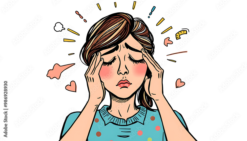 Vibrant and creative hand drawn doodle illustration depicting a woman under the stress observing her anxiety feelings and emotions. Vibrant and creative hand drawn doodle illustration depicting a woman under the stress observing her anxiety feelings and emotions.