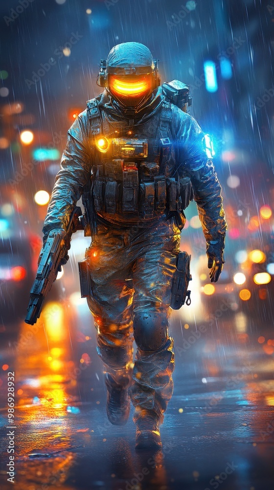 Cyberpunk character with glowing eyes walking through a rain-soaked street at night Cyberpunk character with glowing eyes walking through a rain-soaked street at night