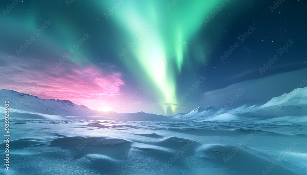 The Northern Lights illuminating the night sky with shades of green, pink, and purple over a snow-covered landscape The Northern Lights illuminating the night sky with shades of green, pink, and purple over a snow-covered landscape