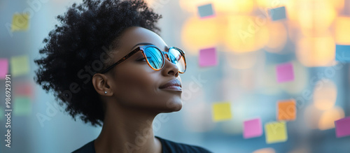 Back view of a thoughtful woman looking at sticky notes on wall in the office, a woman on the background of a wall of stickers, Creative brainstorming session with colorful sticky notes on glass. 