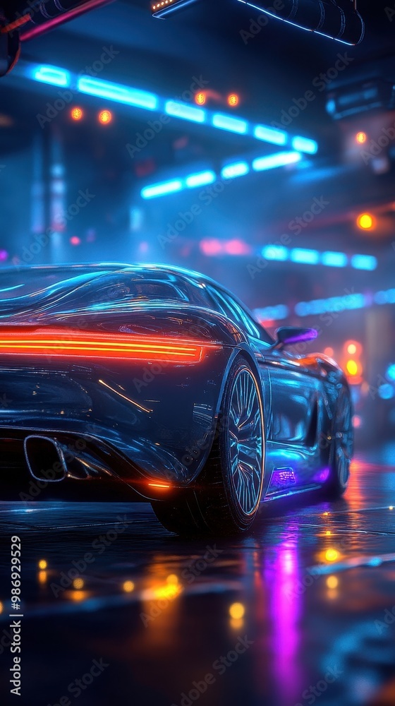 Digital illustration of a futuristic sports car in a neon-lit garage, sleek design Digital illustration of a futuristic sports car in a neon-lit garage, sleek design