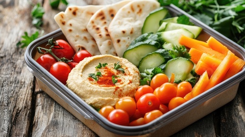 Vegan lunch box with raw vegetables, hummus, and pita bread, promoting plant-based diets, healthy food, lunch box