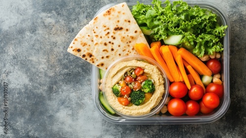 Vegan lunch box with raw vegetables, hummus, and pita bread, promoting plant-based diets, healthy food, lunch box