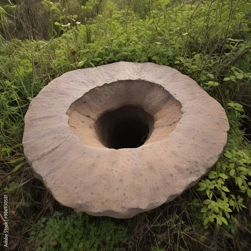 A circular, bowl-shaped rock formation with a deep, dark hole in its center. Lush green vegetation surrounds the rock.

