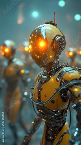 Futuristic robot army marching through a dystopian city, metallic reflections and harsh lighting