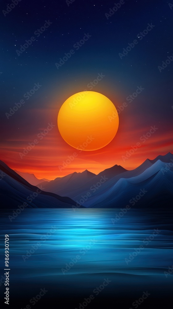 Fototapeta premium Minimalist mountain landscape with vibrant sunset, clean lines and bold colors, peaceful ambiance