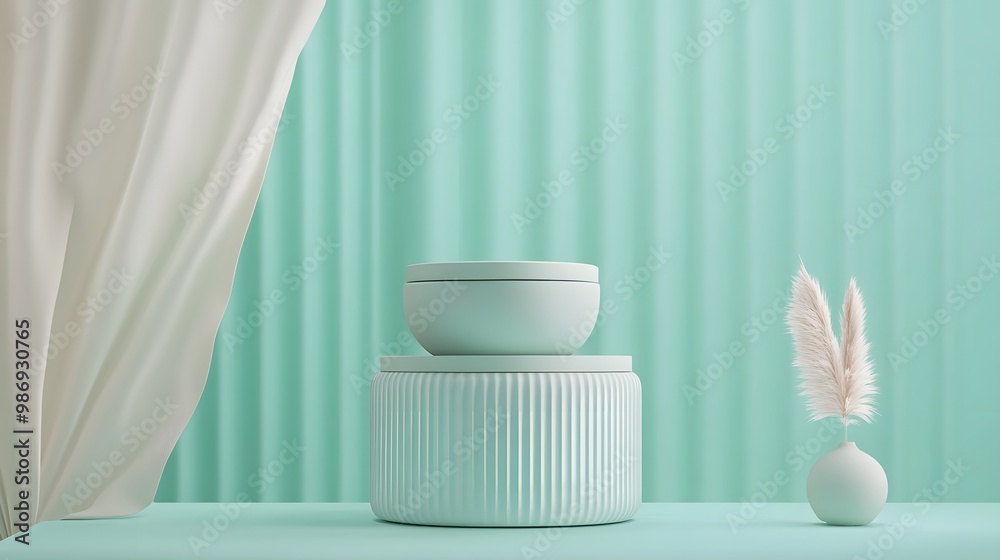 Green podium with a simple, abstract design against a pastel green background. Green podium with a simple, abstract design against a pastel green background.