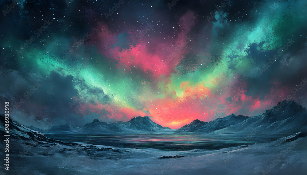 Fototapeta premium The Northern Lights illuminating the night sky with shades of green, pink, and purple over a snow-covered landscape