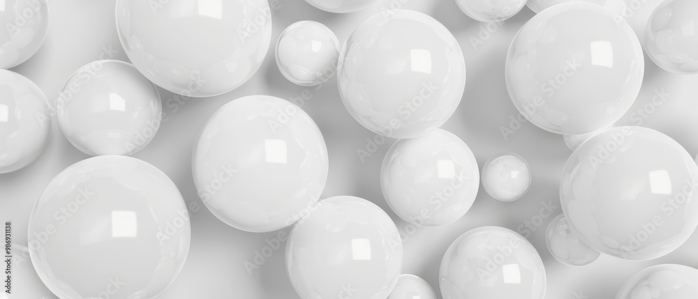 White Spheres on Pure White Surface, a minimalist 3D rendering showcasing smooth, glossy spheres, highlighting their form and texture against a seamless backdrop. White Spheres on Pure White Surface, a minimalist 3D rendering showcasing smooth, glossy spheres, highlighting their form and texture against a seamless backdrop.