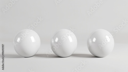 Three smooth white spheres arranged in a balanced composition, showcasing their glossy surfaces and subtle shadows, creating a sense of harmony and simplicity.
