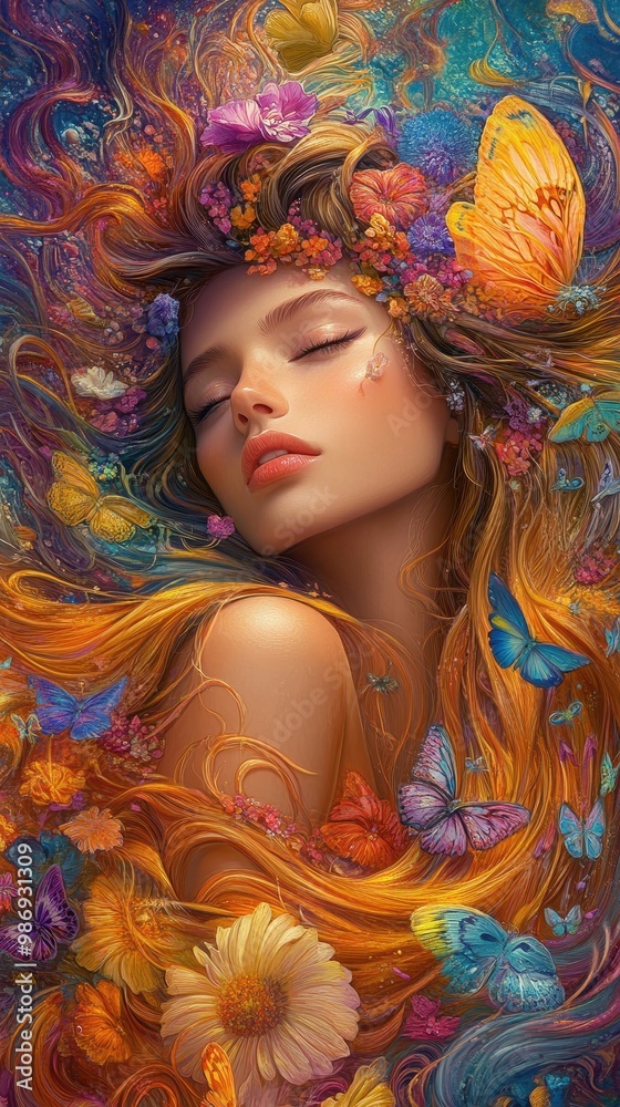 Surreal portrait of a woman with flowers growing from her hair, vibrant colors and serene expression Surreal portrait of a woman with flowers growing from her hair, vibrant colors and serene expression