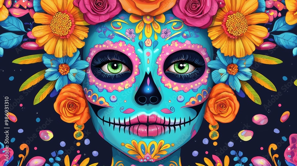 Neon Sugar Skull Catrina - Festive and Enchanting DÃa de los Muertos Illustration with Vibrant Neon Colors Neon Sugar Skull Catrina - Festive and Enchanting DÃa de los Muertos Illustration with Vibrant Neon Colors
