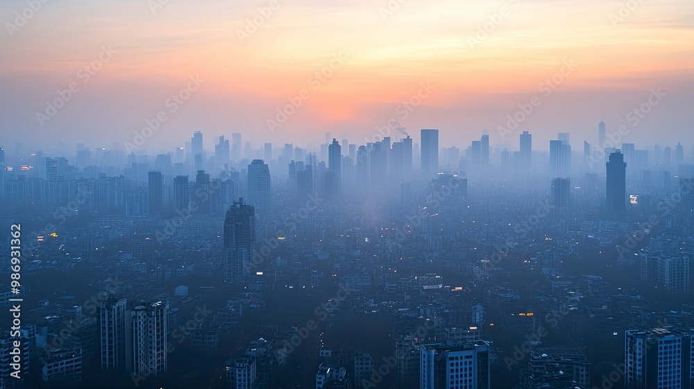 Fototapeta premium A city skyline at dusk with the buildings and horizon obscured by a dense layer of smog. The sky has a greyish-brown hue, illustrating the impact of PM2.5 pollution on urban landscapes.