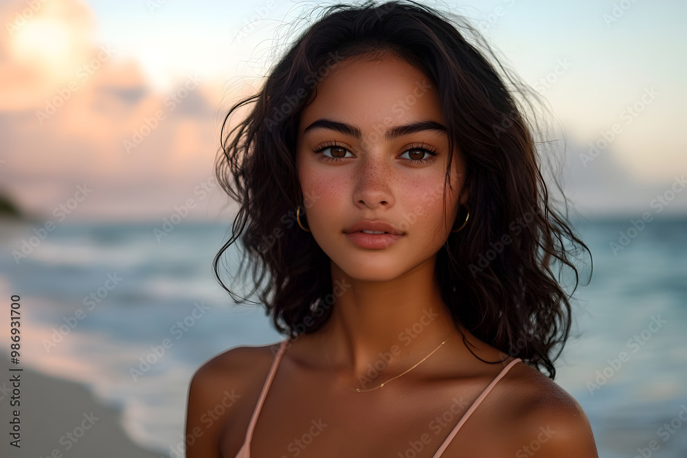 Serene Oceanfront Portrait of Alluring Multiracial Woman in Swimwear at Sunset Serene Oceanfront Portrait of Alluring Multiracial Woman in Swimwear at Sunset