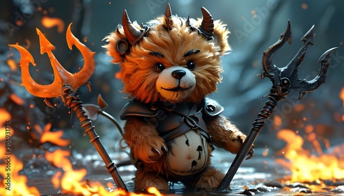 Playful teddy bear with devilish horns and a mischievous grin, brandishing a tiny trident amid lively flames photo