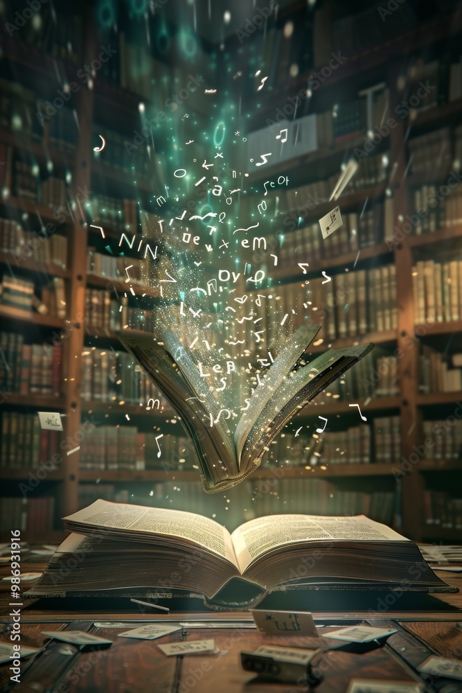 Open book with glowing light, rising letters, and musical notes. Suitable for educational, music, literature, or creativity concepts.