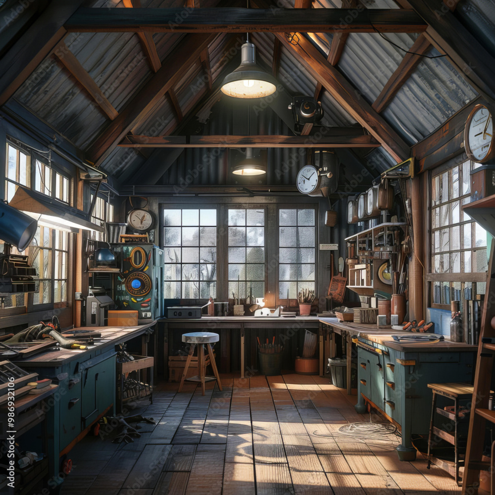 Rustic Carpenter's Workshop with Warm Lighting Rustic Carpenter's Workshop with Warm Lighting