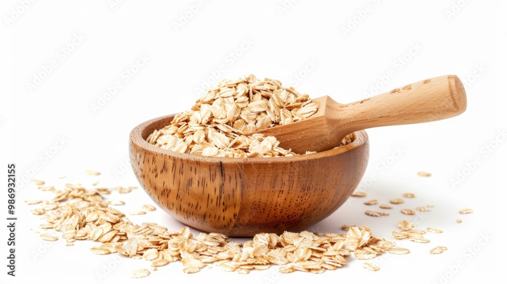 Bowl and scoop with oatmeal flakes isolated on white background Bowl and scoop with oatmeal flakes isolated on white background