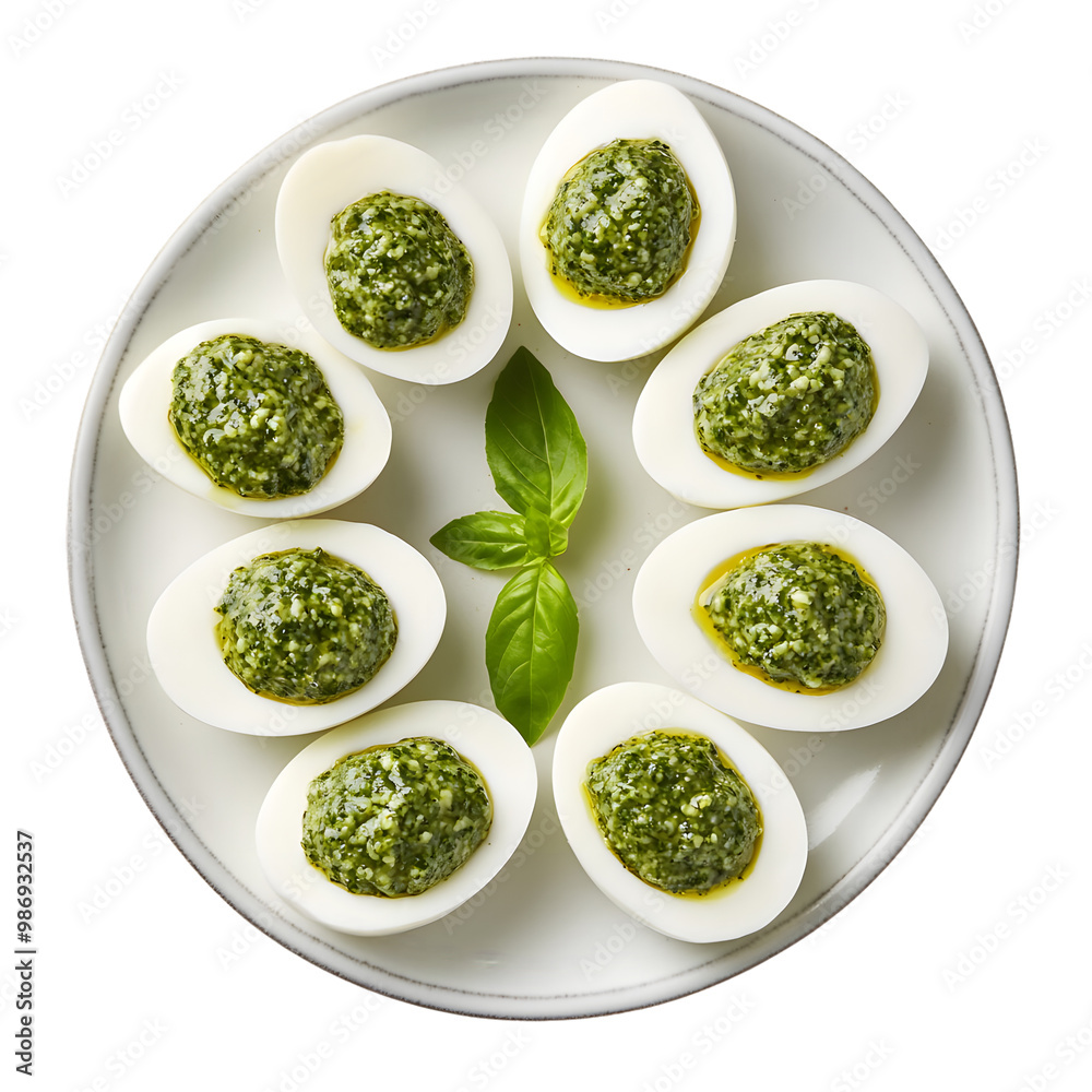 Boiled eggs with fresh basil pesto on white plate Boiled eggs with fresh basil pesto on white plate