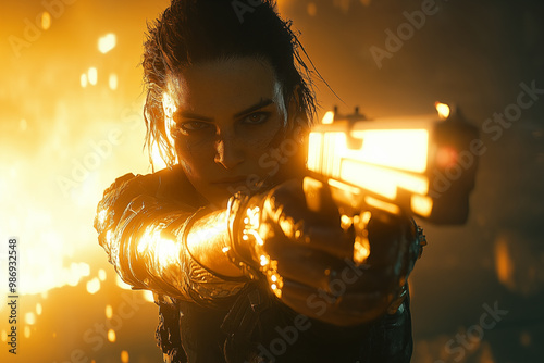 intense female warrior aiming glowing gun in fiery action scene