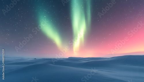 The Northern Lights illuminating the night sky with shades of green, pink, and purple over a snow-covered landscape