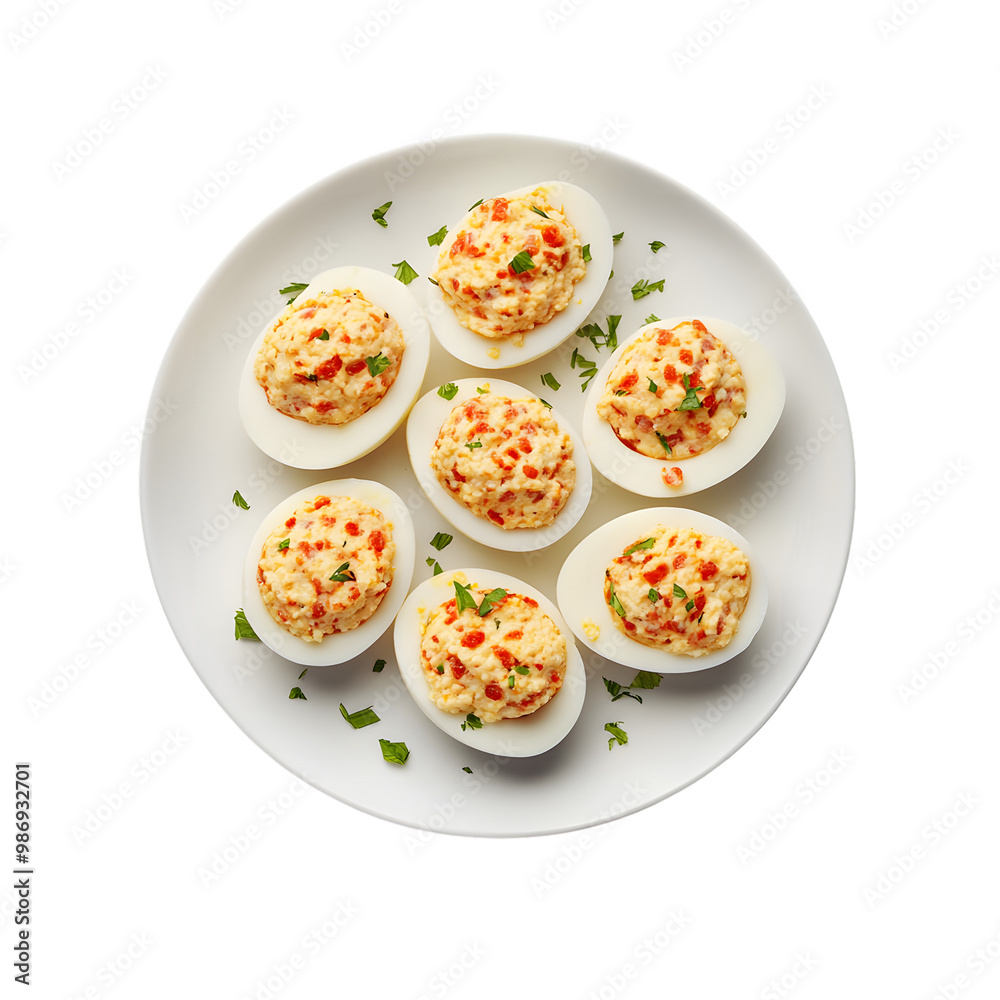 Plate of flavorful deviled eggs garnished with herbs Plate of flavorful deviled eggs garnished with herbs