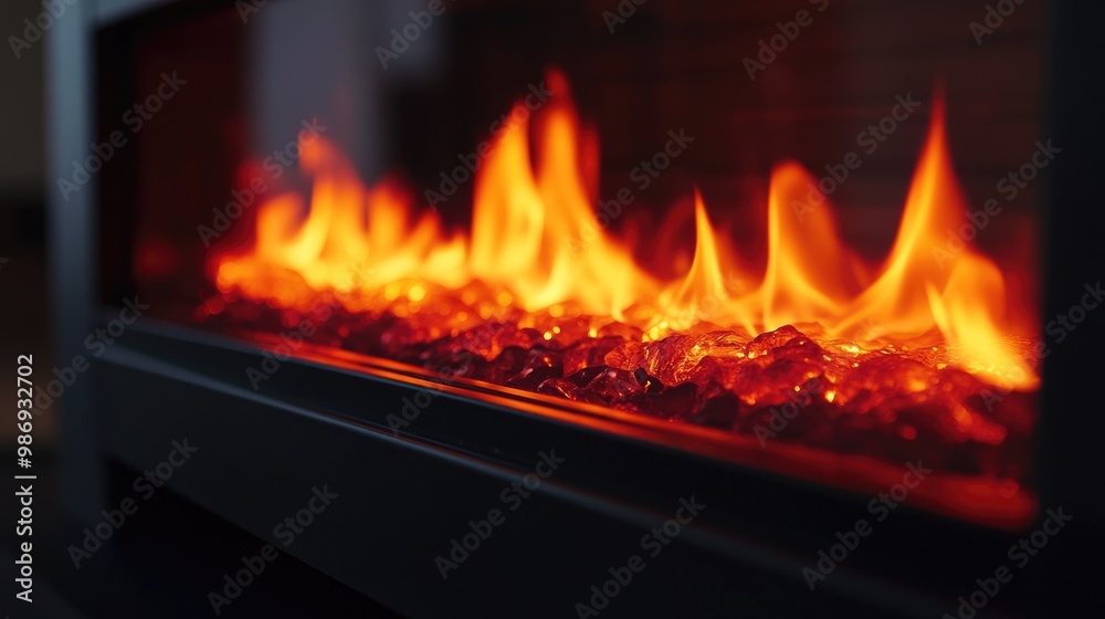 A close-up of the glowing flame effect of an electric fireplace, casting a warm light on the room. A close-up of the glowing flame effect of an electric fireplace, casting a warm light on the room.