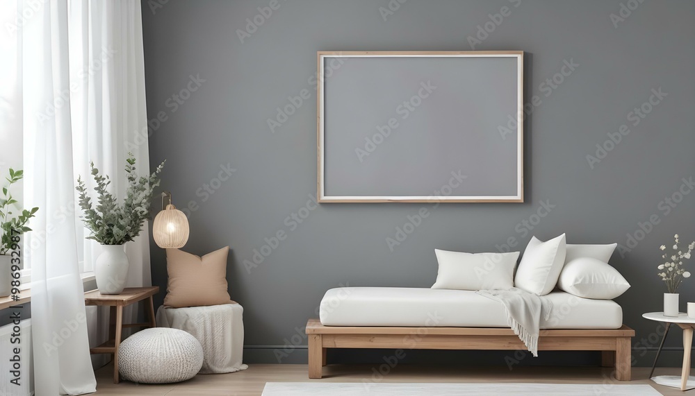 Fototapeta premium A minimalist living room with a gray wall, a wooden bench with white cushions, and a white frame on the wall.