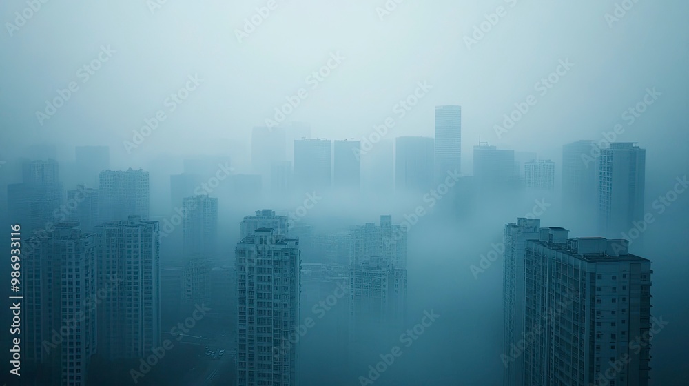 A city skyline with buildings partially obscured by a thick layer of smog and the sky appearing dull and grey. The image captures the impact of PM2.5 pollution on urban visibility. A city skyline with buildings partially obscured by a thick layer of smog and the sky appearing dull and grey. The image captures the impact of PM2.5 pollution on urban visibility.