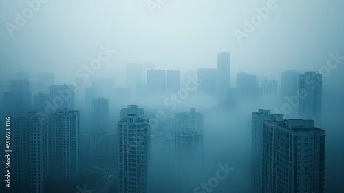 A city skyline with buildings partially obscured by a thick layer of smog and the sky appearing dull and grey. The image captures the impact of PM2.5 pollution on urban visibility.