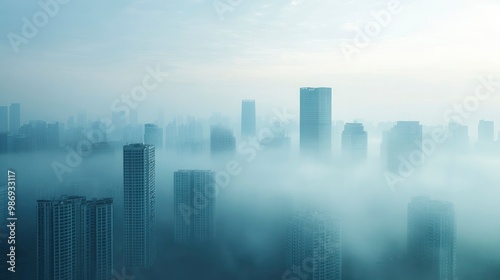 A city skyline with buildings partially obscured by a thick layer of smog and the sky appearing dull and grey. The image captures the impact of PM2.5 pollution on urban visibility.