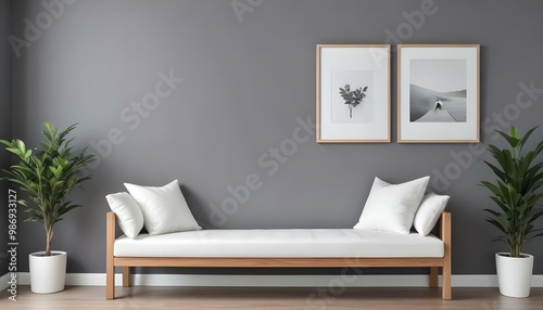 A minimalist living room with a gray wall, a wooden bench with white cushions, and a white frame on the wall.