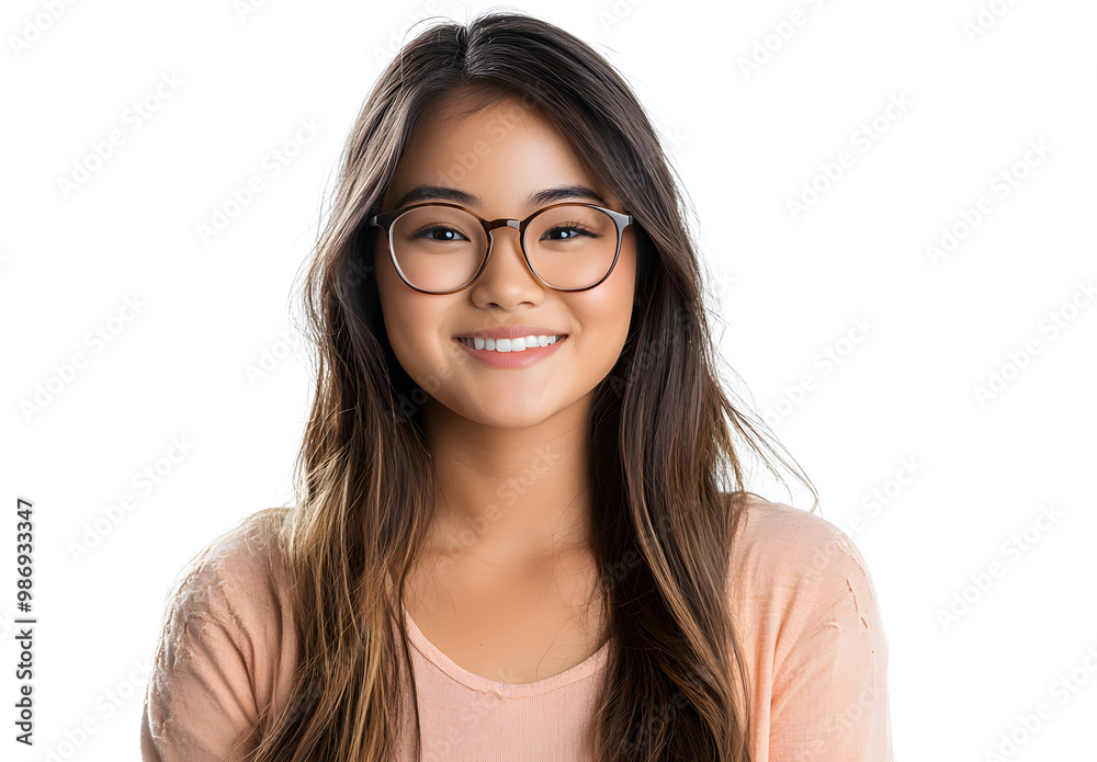 Portrait of a smiling, beautiful young Laos-american woman wearing glasses and looking at the camera Portrait of a smiling, beautiful young Laos-american woman wearing glasses and looking at the camera