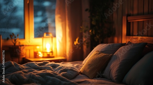 A cozy bedroom with soft pillows, blankets, and a bedside lamp casting a warm glow.