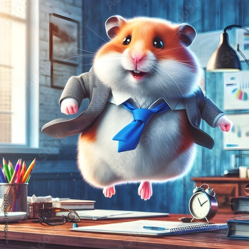 rich Hamster wearing a elegant suit walking in office