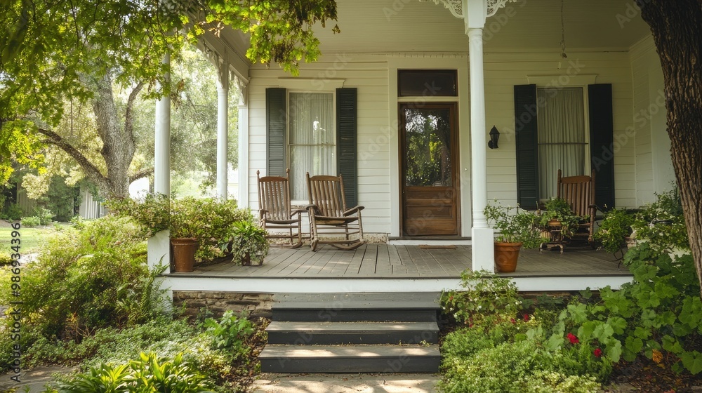 A cozy home exterior with a charming front porch, rocking chairs, and potted plants. A cozy home exterior with a charming front porch, rocking chairs, and potted plants.