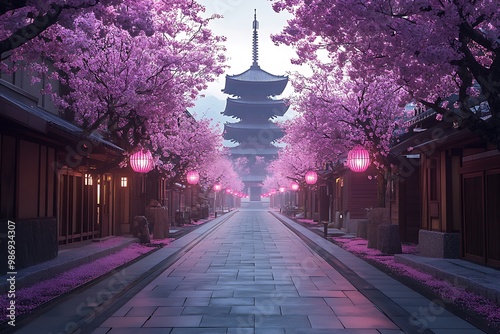 Traditional Japanese Street with Wooden Houses, Temples, Cherry Blossoms in Spring