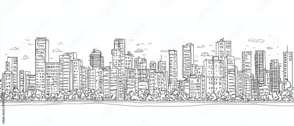 Hand drawn illustration of a city skyline with tall buildings, trees and a white background.