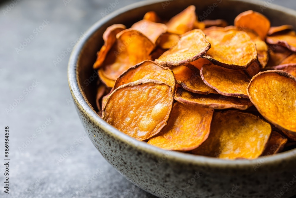 A bowl of homemade sweet potato chips, highlighting a healthy and crispy snack alternative to traditional potato chips. These delicious chips are rich in flavor and offer a nutritious option A bowl of homemade sweet potato chips, highlighting a healthy and crispy snack alternative to traditional potato chips. These delicious chips are rich in flavor and offer a nutritious option