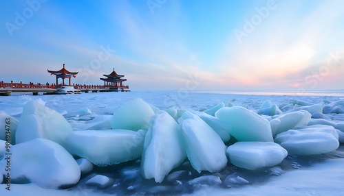 The ice scenery of Xingkai Lake is breathtaking, and the sunrise adds more charm. photo