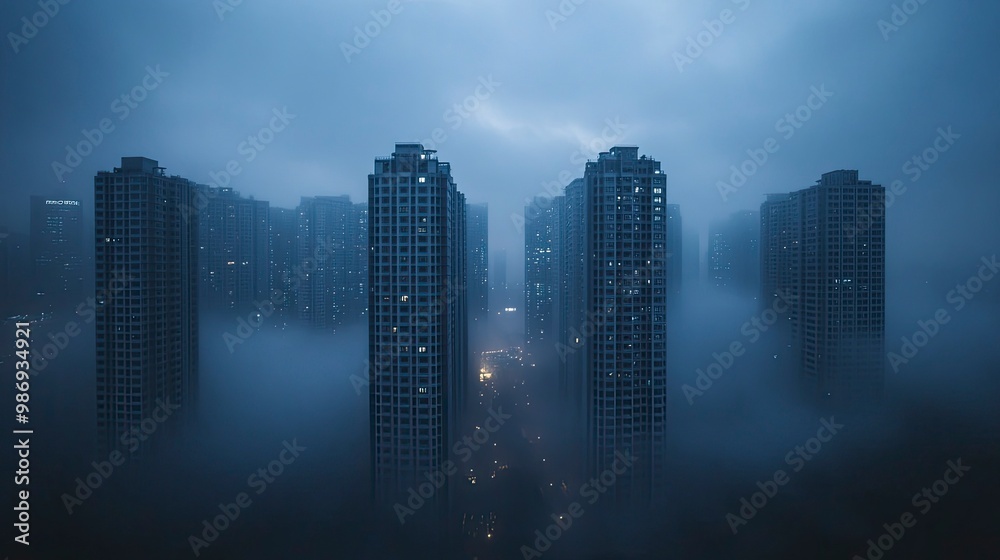 A cityscape with tall buildings partially obscured by a dense layer of smog and the sky appearing dull and grey. The image captures the pervasive nature of PM2.5 pollution. A cityscape with tall buildings partially obscured by a dense layer of smog and the sky appearing dull and grey. The image captures the pervasive nature of PM2.5 pollution.