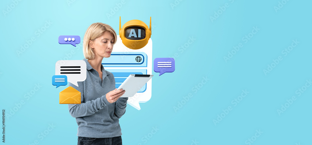 Serious woman using tablet and chat bot, machine learning and communication Serious woman using tablet and chat bot, machine learning and communication