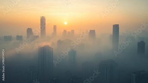 A cityscape with tall buildings partially obscured by a dense layer of smog and the sky appearing dull and grey. The image captures the pervasive nature of PM2.5 pollution.