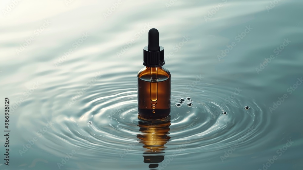 A brown glass dropper bottle floats on a pale cream liquid surface, with subtle ripples and water bubbles, evoking luxury and natural skincare. A brown glass dropper bottle floats on a pale cream liquid surface, with subtle ripples and water bubbles, evoking luxury and natural skincare.