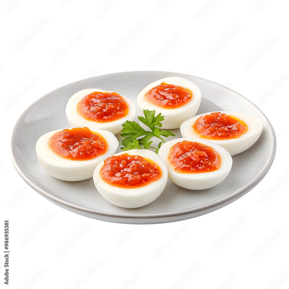 Delicious hard-boiled eggs with spicy sauce on a plate: a simple and tasty appetizer Delicious hard-boiled eggs with spicy sauce on a plate: a simple and tasty appetizer