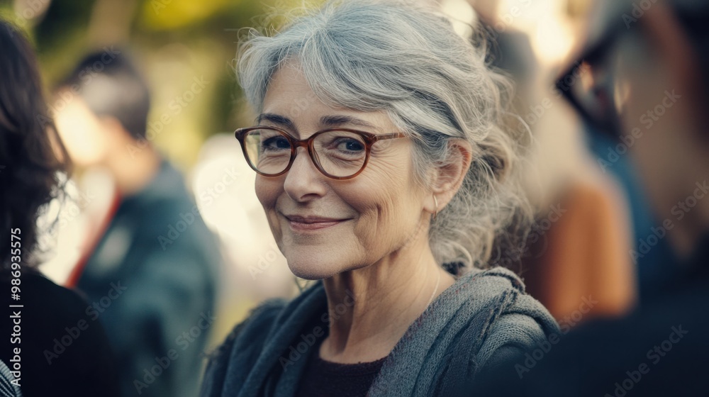 Grey-haired woman attending a community event, engaging with others and participating in activities. Grey-haired woman attending a community event, engaging with others and participating in activities.