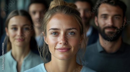 Confident Woman Standing in Group Focused Portrait