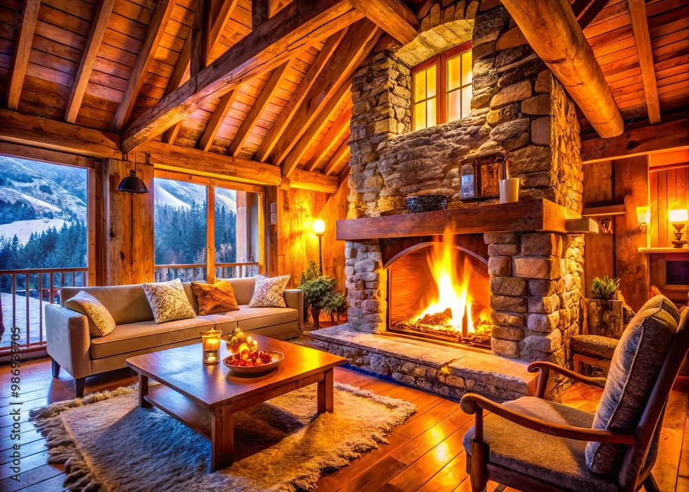A cozy fireplace graces a rustic chalet, enveloped by wooden beams and a warm ambiance, creating the perfect A cozy fireplace graces a rustic chalet, enveloped by wooden beams and a warm ambiance, creating the perfect
