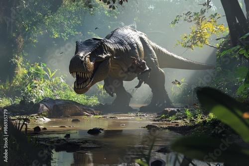 Serene T-Rex Dines in a Lush Jurassic Jungle: A Tranquil Moment with Rivers and Avian Life photo