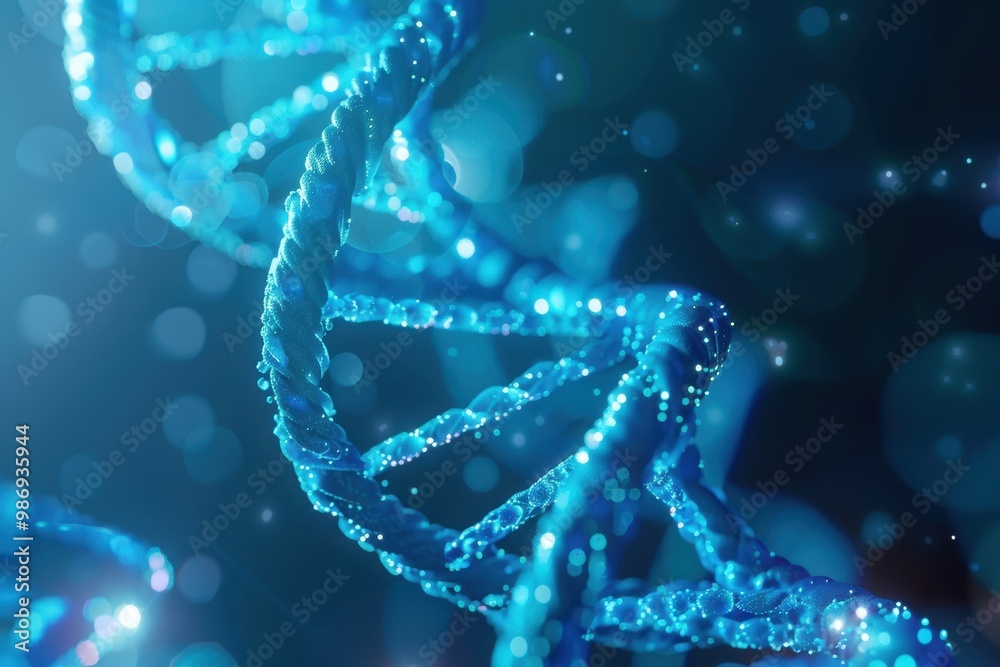 Blue DNA helix swirling in an abstract backdrop, symbolizing biotechnology and genetics, embodying futuristic concepts of human health and cellular biology. Blue DNA helix swirling in an abstract backdrop, symbolizing biotechnology and genetics, embodying futuristic concepts of human health and cellular biology.